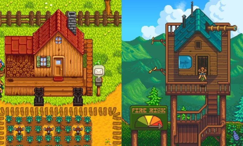 Side by Side images of a small house and farm from Stardew Valley and an observation tower from Haunted Chocolatier.
