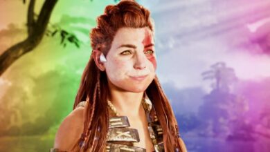An image of Aloy smiling at Seyka with a rainbow effect transposed over the background.