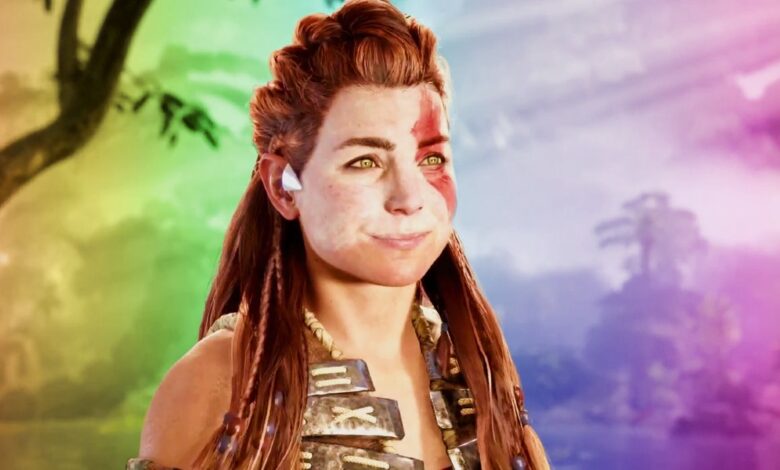 An image of Aloy smiling at Seyka with a rainbow effect transposed over the background.