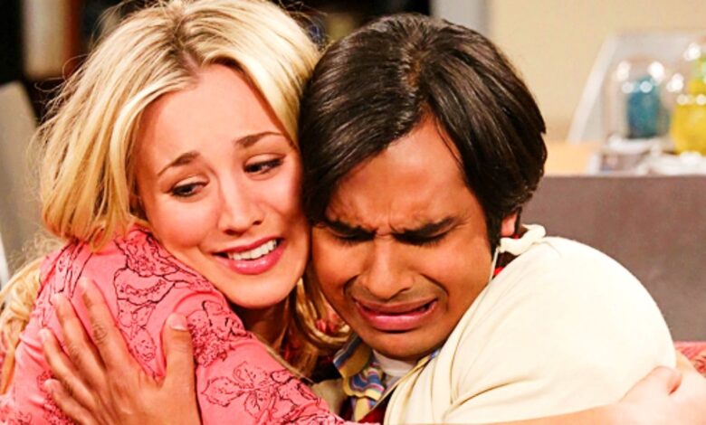 Penny and Raj hugging in The Big Bang Theory