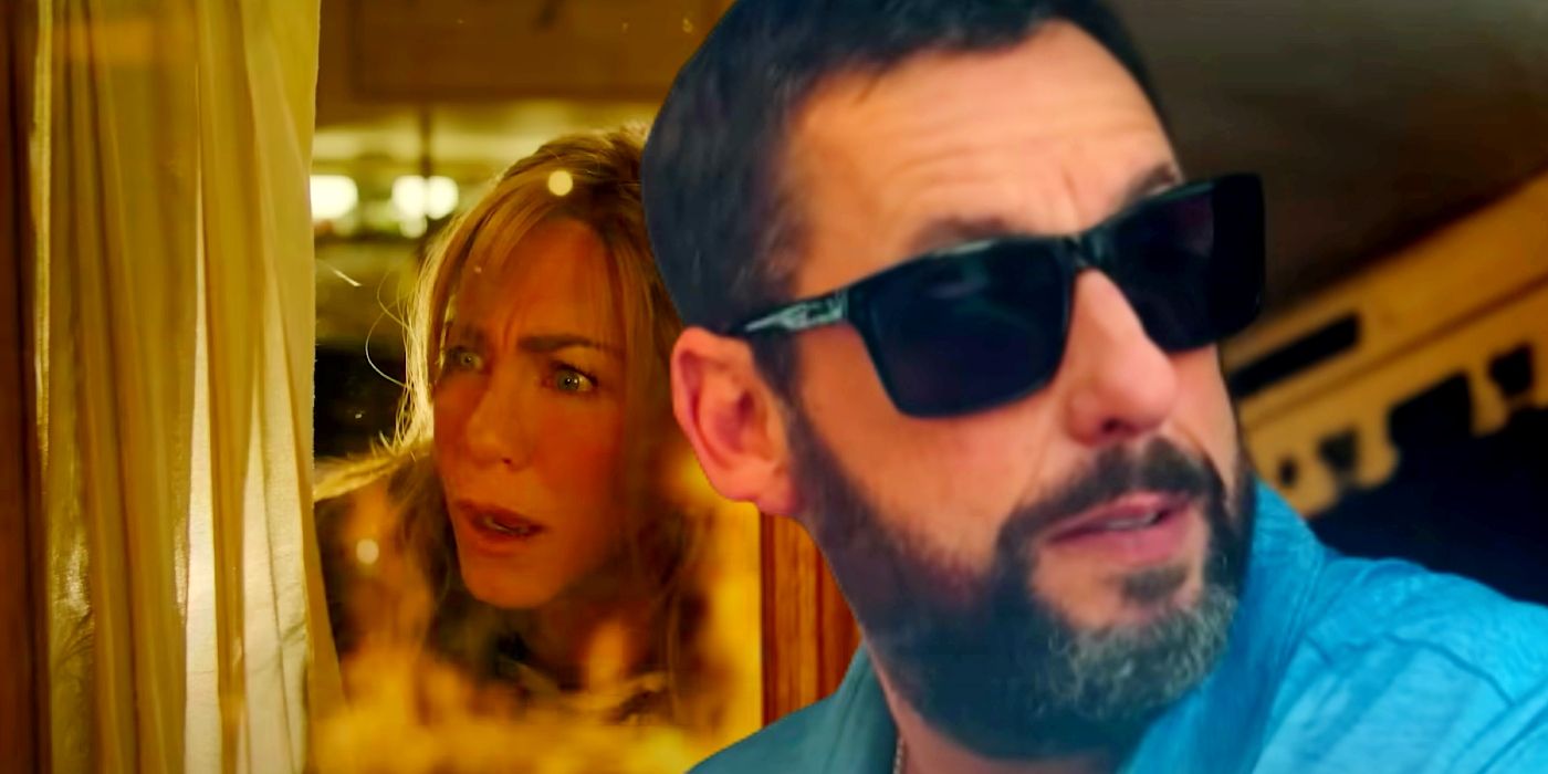 Custom image of Jennifer Aniston looking surprised and Adam Sandler wearing sunglasses in Murder Mystery 2.
