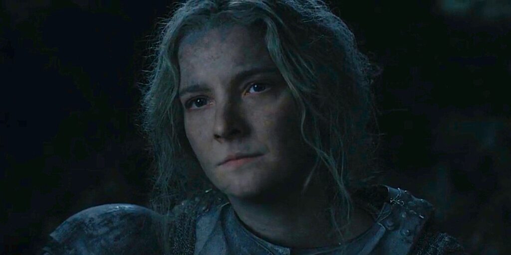 Galadriel sitting in The Lord of the Rings The Rings of Power Season 1 Episode 7