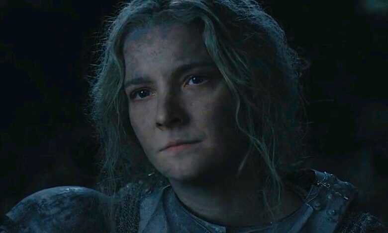 Galadriel sitting in The Lord of the Rings The Rings of Power Season 1 Episode 7