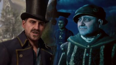 Victor Rookwood speaking on the left, and Charles Rookwood looking pensively to the side in Hogwarts Legacy.