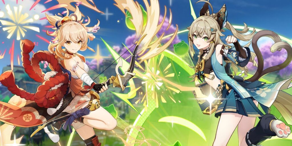 Yoimiya and Kirara from Genshin Impact in Inazuma.