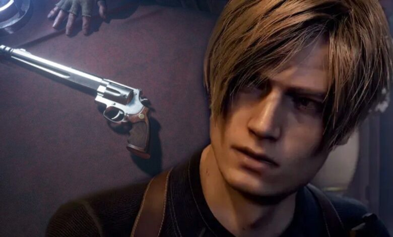 An image of Leon looking concerned transposed over an image of the handcannon laying on a table in the Resident Evil 4 Remake.