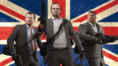 GTA 5's protagonists, Michael, Trevor, and Franklin wear grey suits and hold weapons and money bags in front of the Union Jack flag.