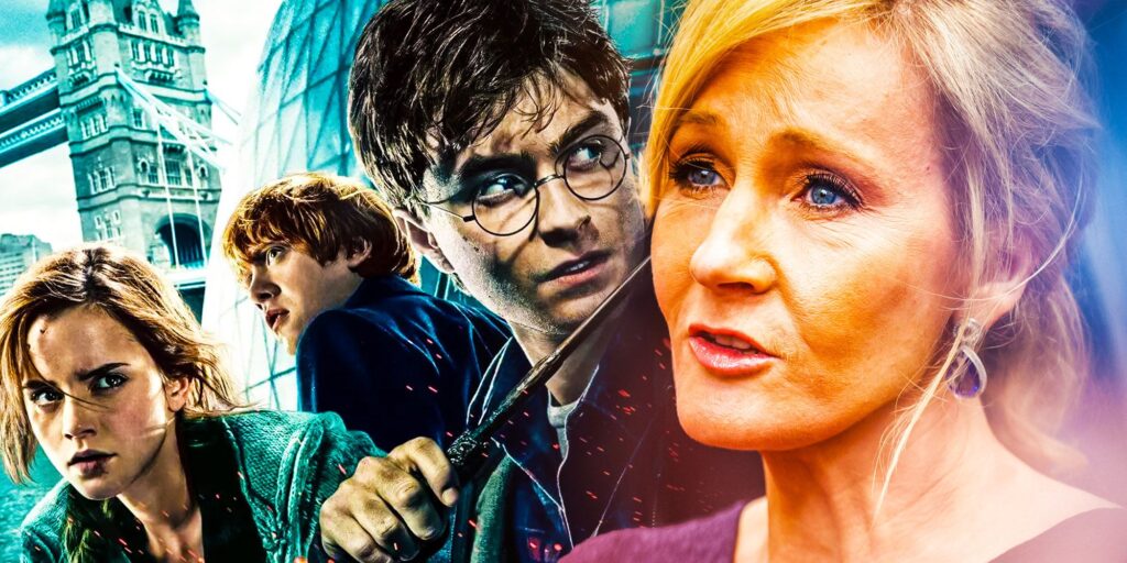 JK Rowling with the cast of the Harry Potter series