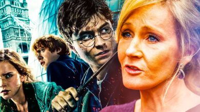 JK Rowling with the cast of the Harry Potter series