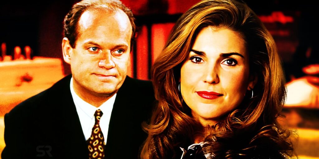 Kelsey Grammer as Frasier Crane next to Peri Gilpin as Roz