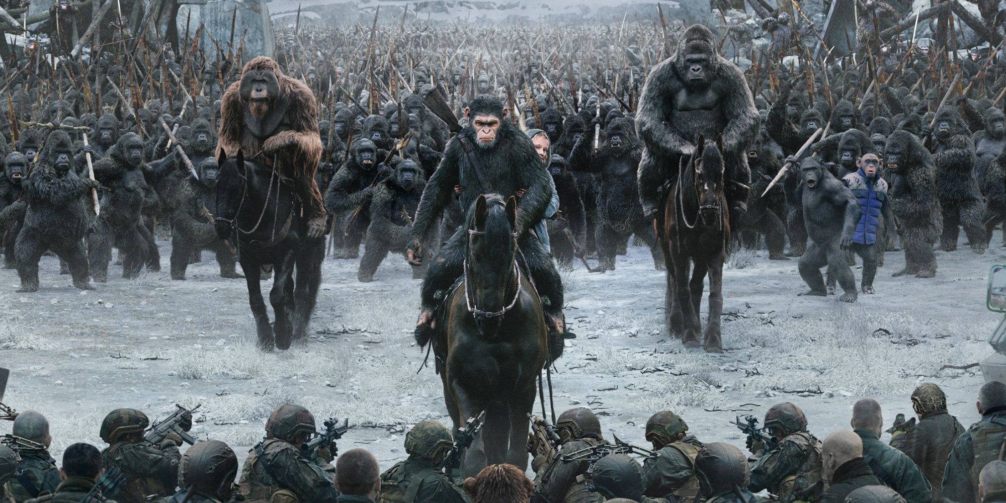 Caesar confronting humans with his army of apes in War for the Planet of the Apes