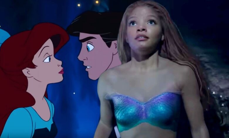 Custom image of the animated Little Mermaid and Halle Bailey in the Little Mermaid live-action remake.