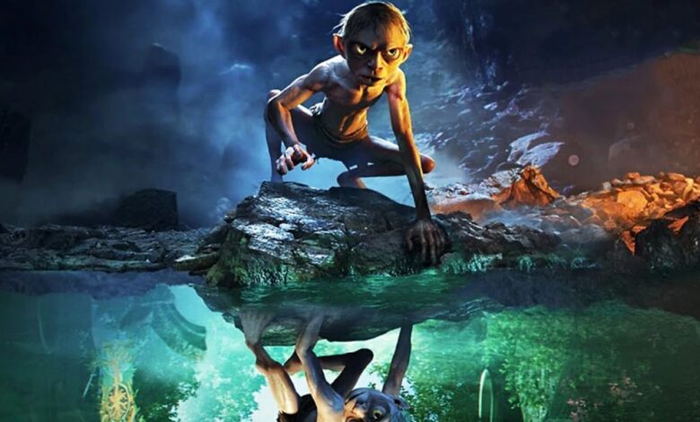 Lord of the Rings Gollum Game, showing Gollum crouching on a rock by the water, his reflection in the water showing a much happier scene