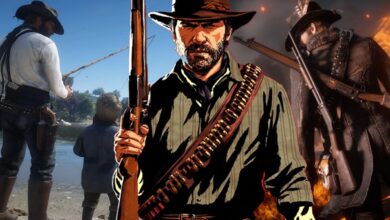 RDR2 official artwork of Arthur Morgan with an image of him fishing with Jack Marston on one side to represent high honor, and him standing in a burning field on the other side to represent low honor.