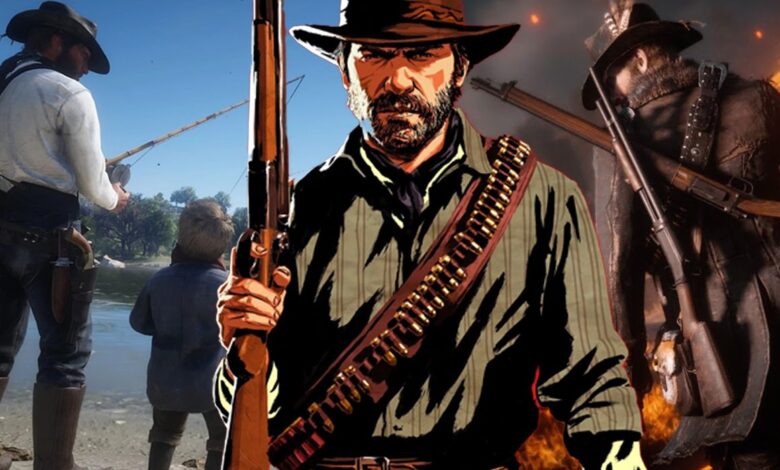 RDR2 official artwork of Arthur Morgan with an image of him fishing with Jack Marston on one side to represent high honor, and him standing in a burning field on the other side to represent low honor.