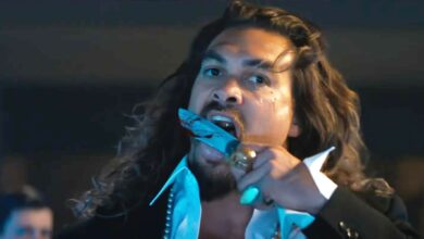 Jason Momoa licking blood off of a knife in the Fast X trailer