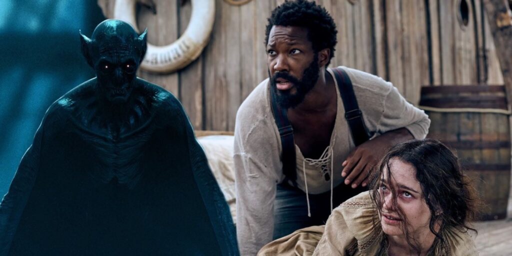 A composite image of two people cowering in fear and Dracula from the Last Voyage of the Demeter