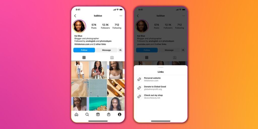Image of the new multiple external links feature released by Instagram