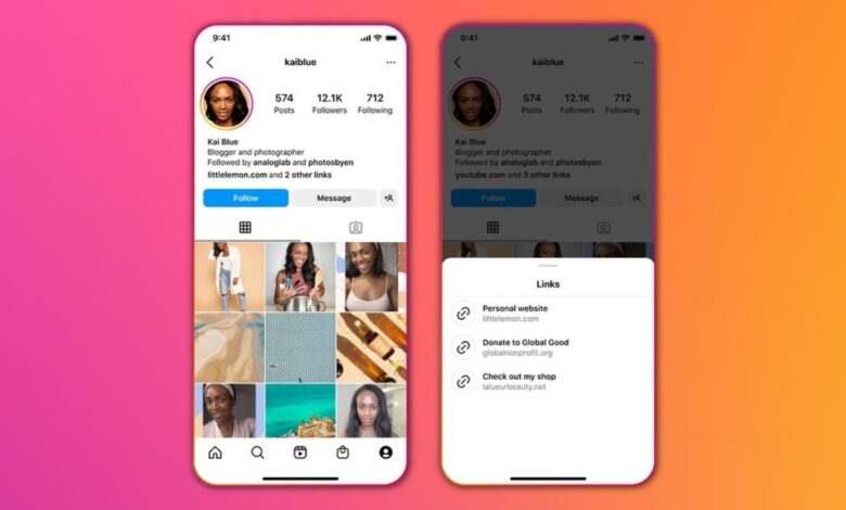 Image of the new multiple external links feature released by Instagram
