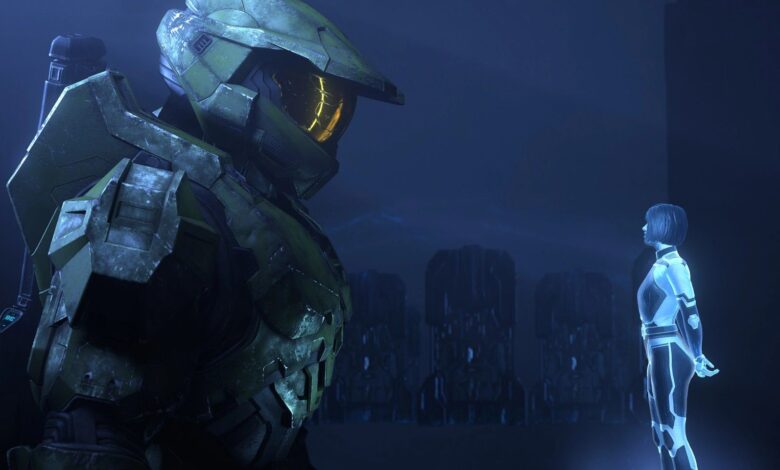 Halo Infinite cutscene of Master Chief talking to Cortana.