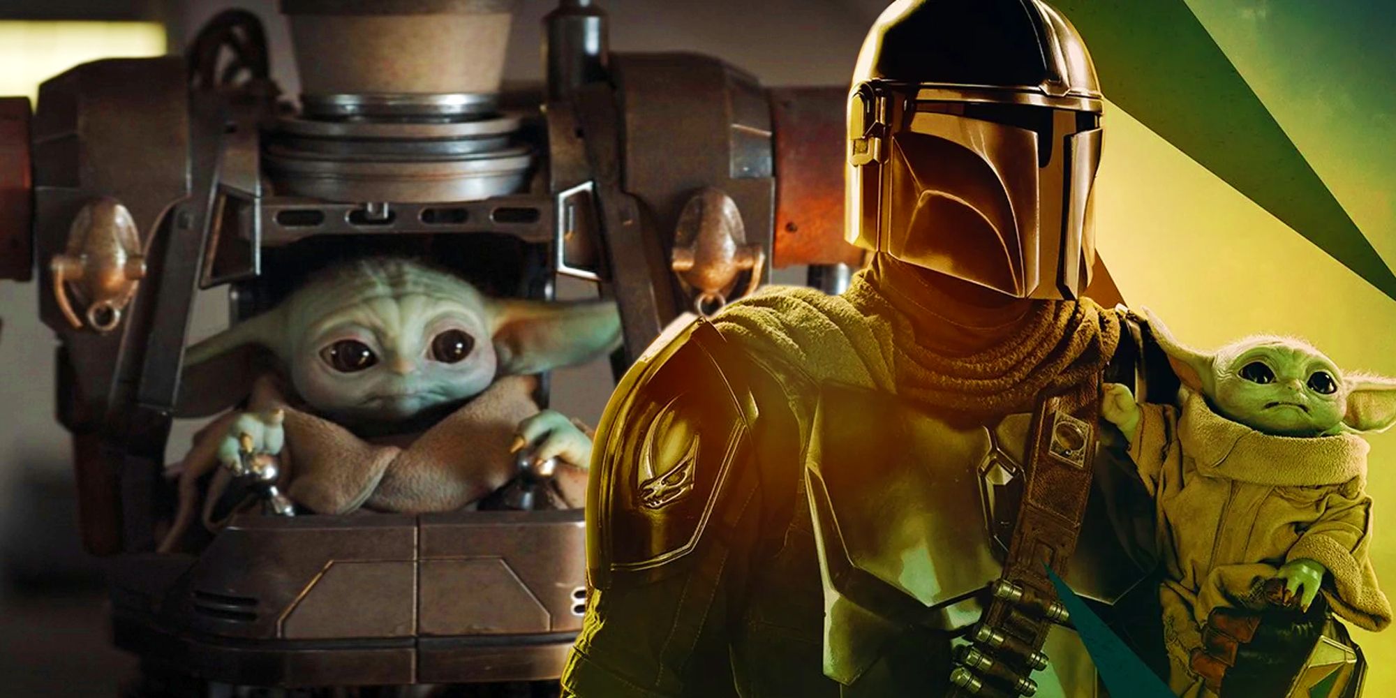 Grogu pilotando IG-12 junto al póster del personaje de Din y Grogu para la temporada 3 de The Mandalorian.