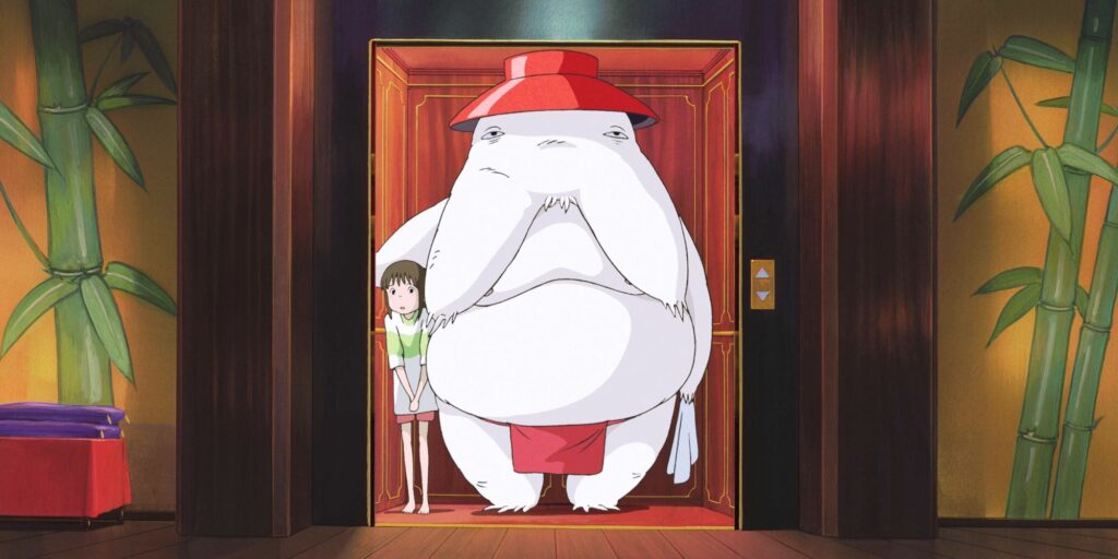 Radish Spirit standing in an elevator with Chihiro.