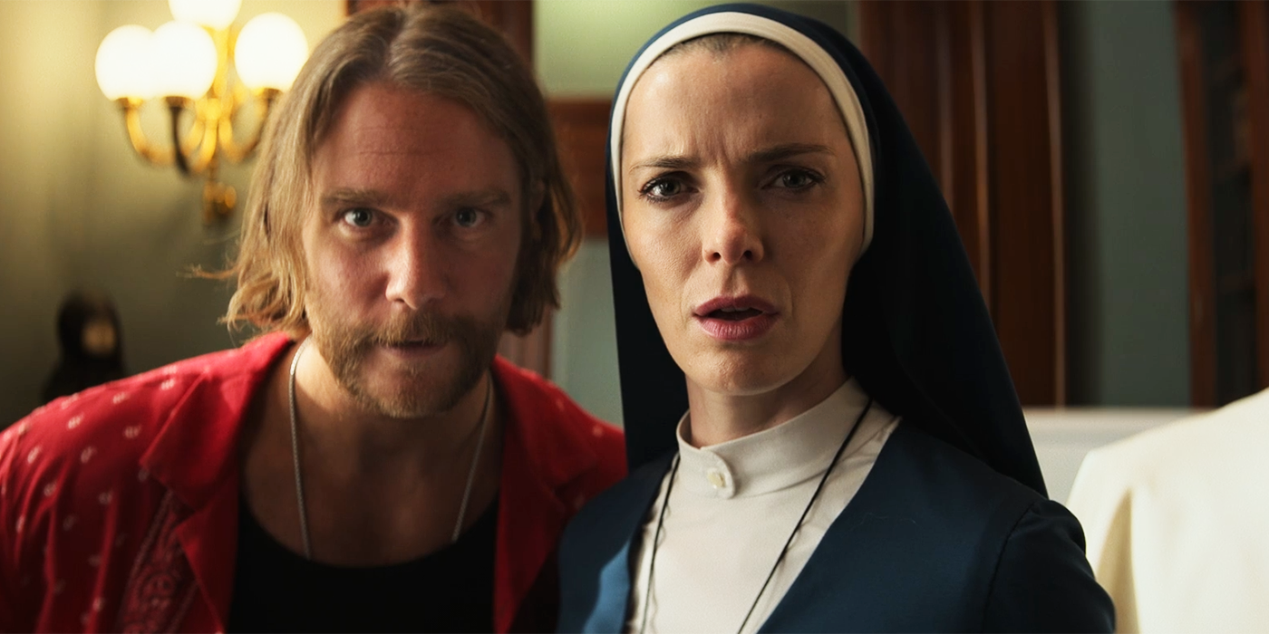 Mrs Davis episode 4 ending Betty Gilpin as Simone and Jake McDorman as Wiley looking into camera