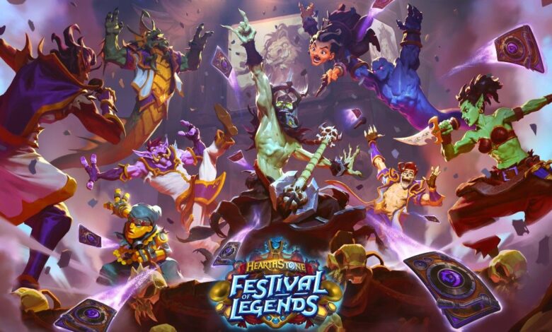 Hearthstone Festival of Legends Key Art showing the title, a Death Knight playing guitar in the middle as other characters lunge towards him and cards fly in the air.