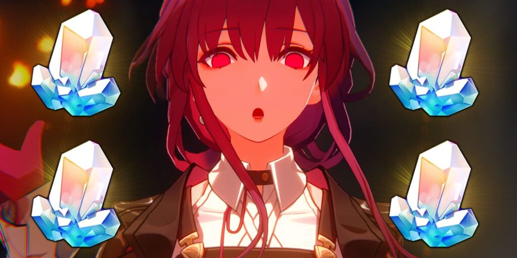 Honkai Star Rail's Kafka makes a surprised face. There are four superimposed Stellar Jades surrounding her.