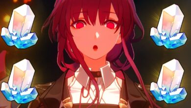 Honkai Star Rail's Kafka makes a surprised face. There are four superimposed Stellar Jades surrounding her.