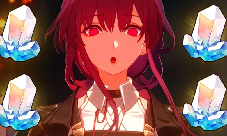 Honkai Star Rail's Kafka makes a surprised face. There are four superimposed Stellar Jades surrounding her.