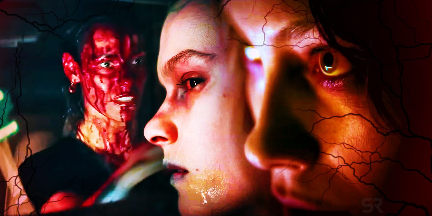 An image of Beth covered in blood and a Deadite Laura in the Evil Dead Rise