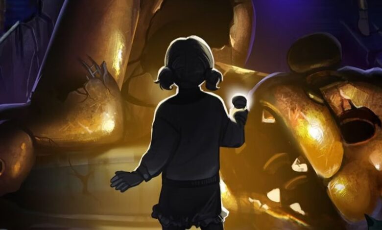 A close up on the little girl looking at the ruins of the pizzaplex from the teaser image for Five Nights at Freddy's: Security Breach Ruin DLC