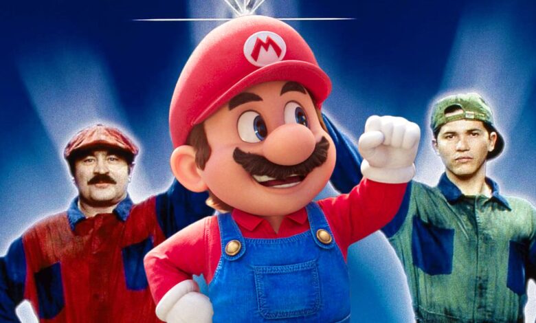 The Super Mario Bros Movie Mario in Front of the 1993 Mario Brothers