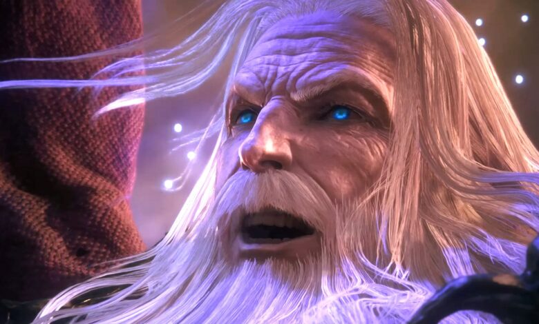 A close-up of the Eikon Ramuh in Final Fantasy 16, appearing as an elderly man with long white hair and beard and bright blue eyes.