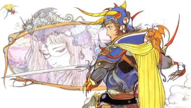 An official artwork of Final Fantasy 1 by Yoshitaka Amano, featuring the Warrior of Light in full-clad, blue armor with yellow and orange hues, holding a sword. Their helmet has yellow horns and their shapes resemble those of Behemoths. In the background is a woman with pink hair and a sad demeanor. Lying on top of the portrait of the woman is a white dragon, while a blue, yellow, and red one, which is smaller, flies above the white dragon.