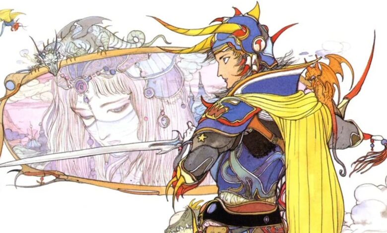 An official artwork of Final Fantasy 1 by Yoshitaka Amano, featuring the Warrior of Light in full-clad, blue armor with yellow and orange hues, holding a sword. Their helmet has yellow horns and their shapes resemble those of Behemoths. In the background is a woman with pink hair and a sad demeanor. Lying on top of the portrait of the woman is a white dragon, while a blue, yellow, and red one, which is smaller, flies above the white dragon.