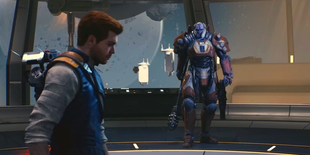 Cal and Rayvis showdown Star Wars Jedi Survivor trailer. Cal stands to the side waiting
