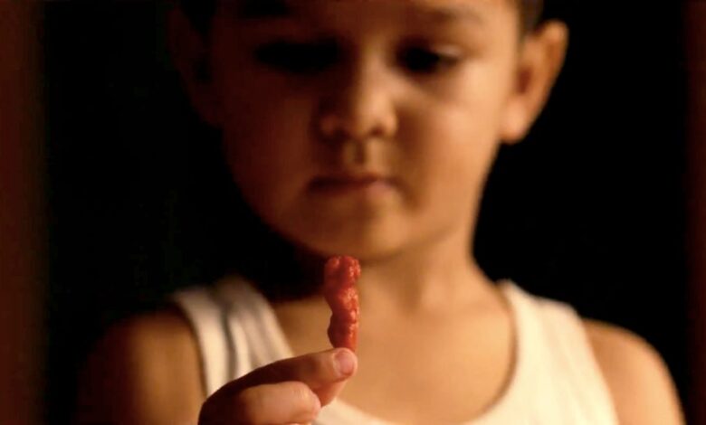 Child Holding a Cheeto in Flamin Hot