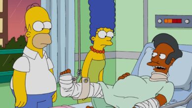 Apu in a cast on The Simpsons