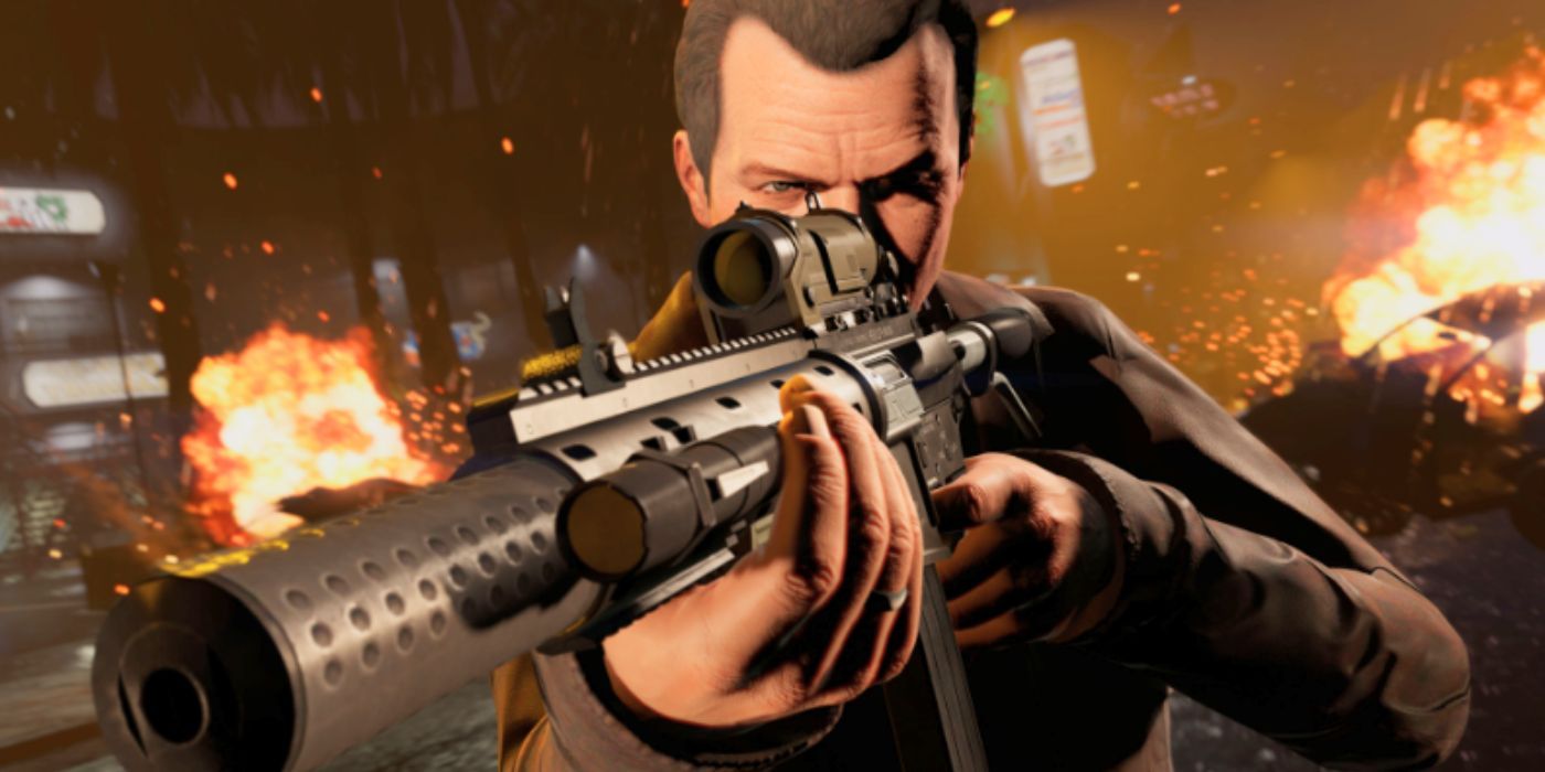 GTA 5's Michael aiming down the sights of a scoped gun as fire blazes on in the background.