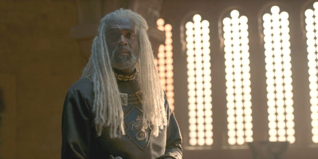 The Sea Snake in House of the Dragon standing confidently in a throne room, light streaming through the windows