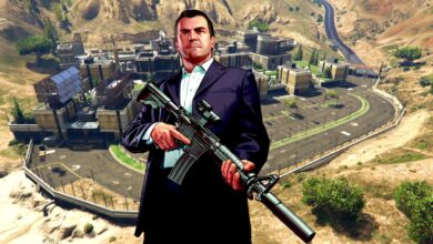 Michael De Santa from GTA 5 holding an assault rifle in front of a background showing the Humane Labs and Research complex.