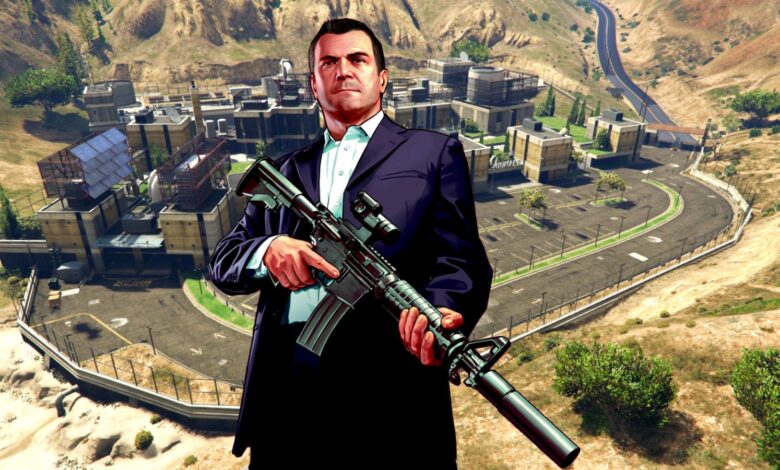 Michael De Santa from GTA 5 holding an assault rifle in front of a background showing the Humane Labs and Research complex.