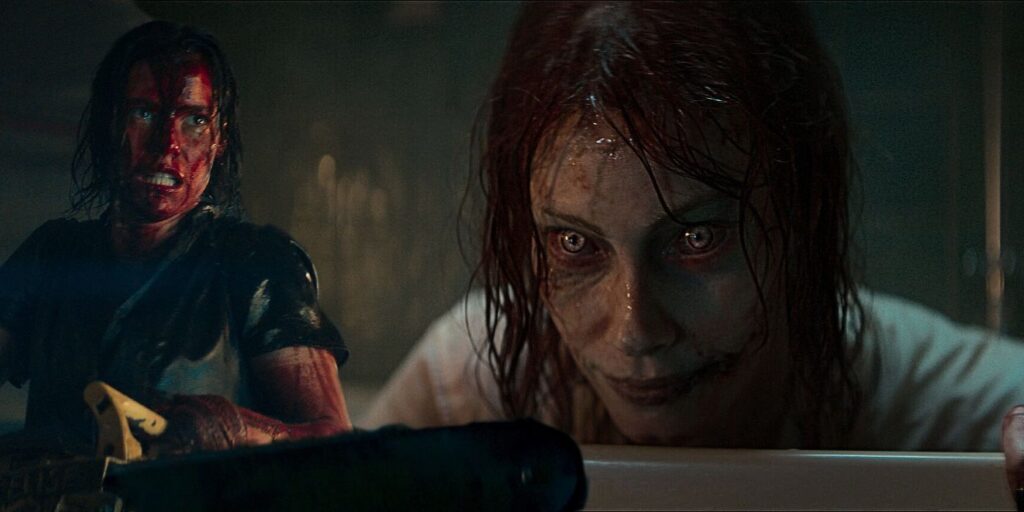 A composite image of a character holding a chainsaw and a deadite from Evil Dead Rise