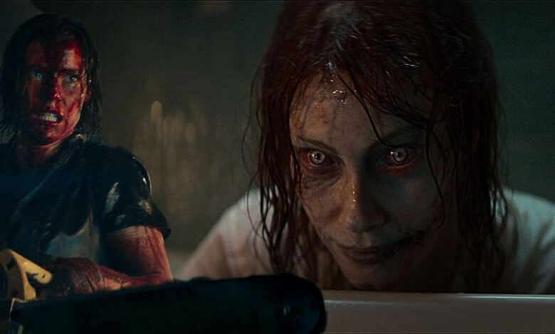 A composite image of a character holding a chainsaw and a deadite from Evil Dead Rise