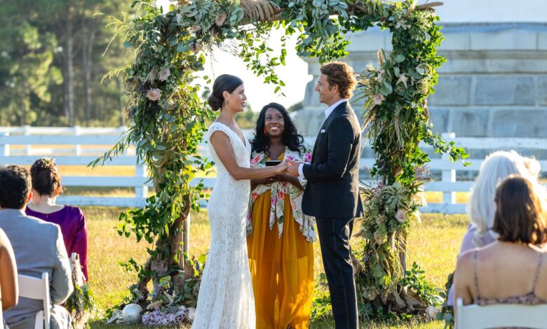 Phillipa Soo and Luke Bracey at the wedding altar in One True Loves