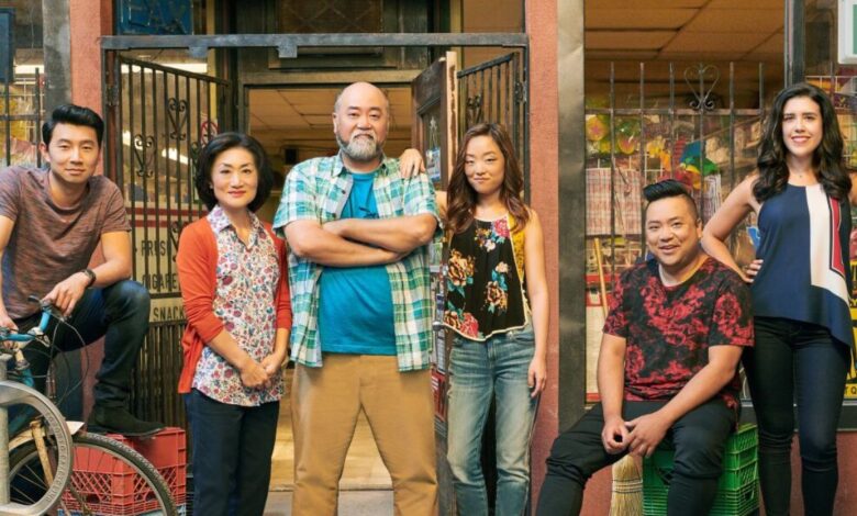 A posed photo of the cast from Kim's Convenience