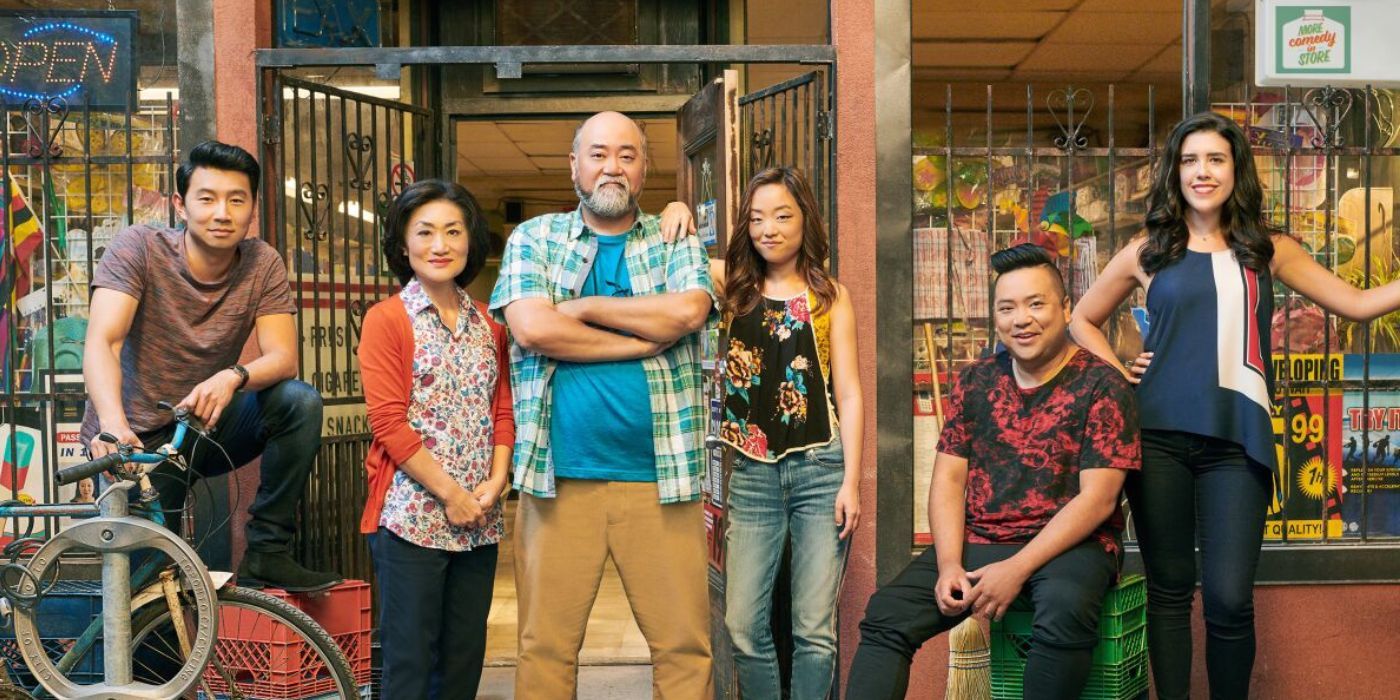 A posed photo of the cast from Kim's Convenience