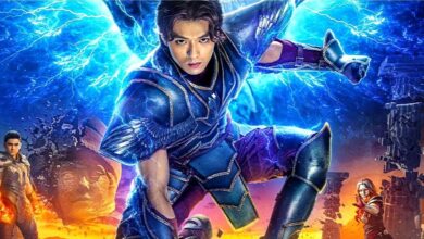 An image of the Pegasus Knight standing in the middle of the Knights of the Zodiac poster